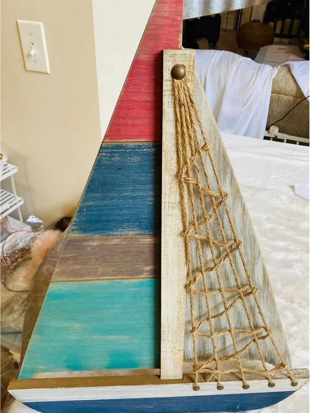 Decorative Wooden Sailboat Wall Hanging with Rope Netting